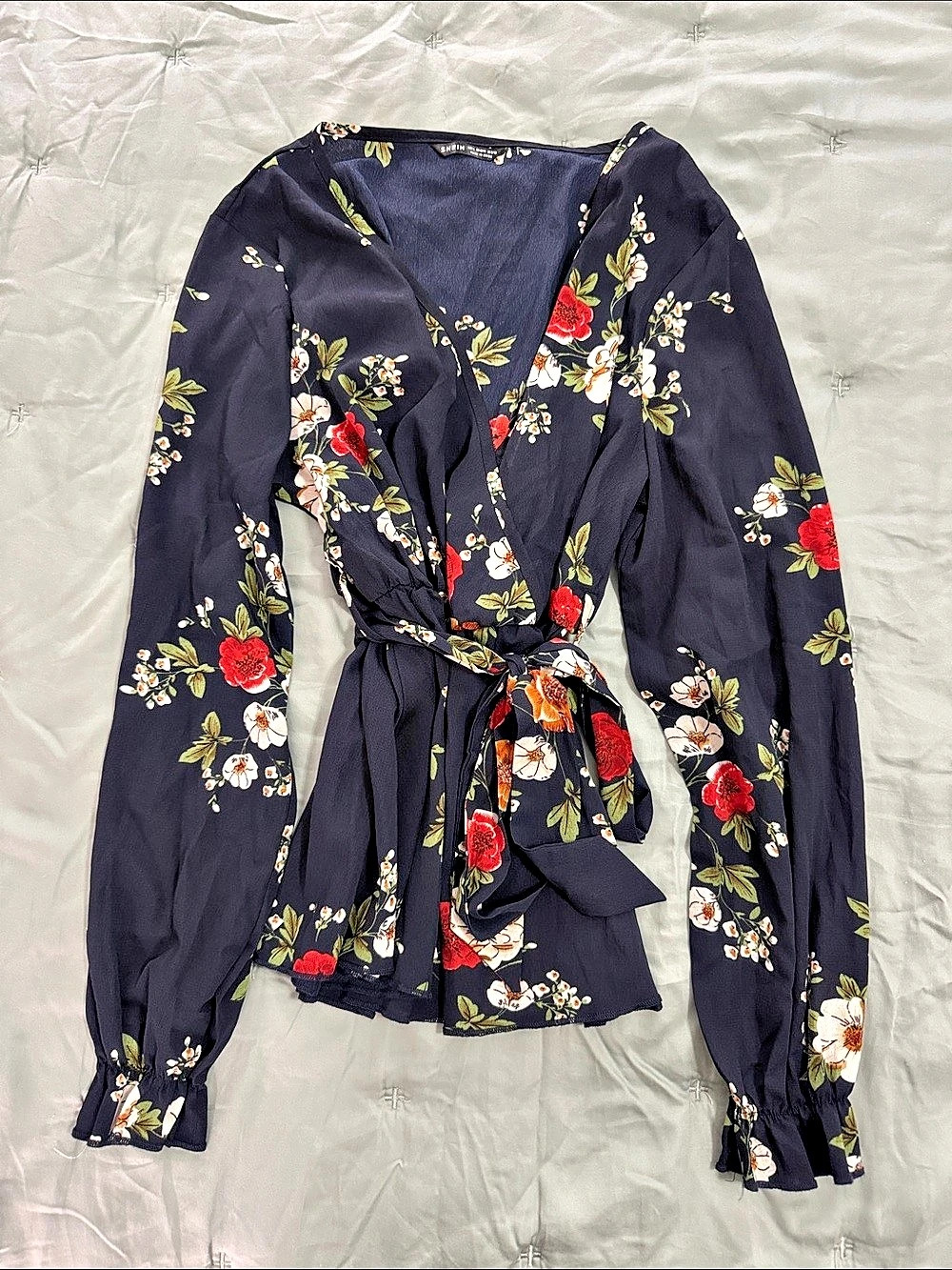 SHEIN Floral Wrap Blouse in Blue Floral large